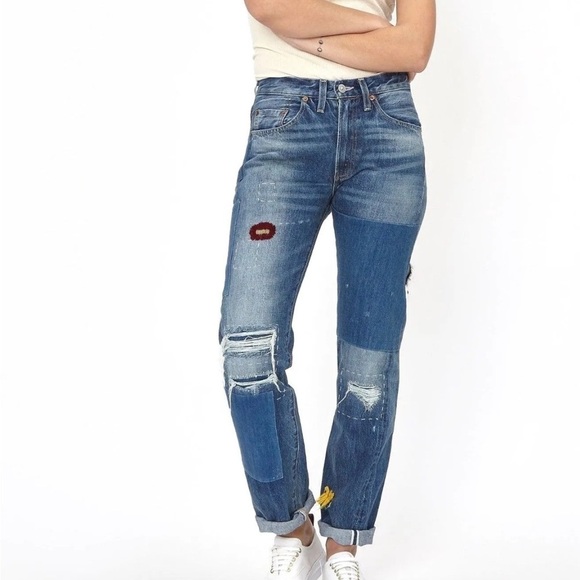Levi’s-NWT Vintage 501z Unisex Distressed Denim Patch Yarn Embroidered Jeans - Picture 1 of 9
